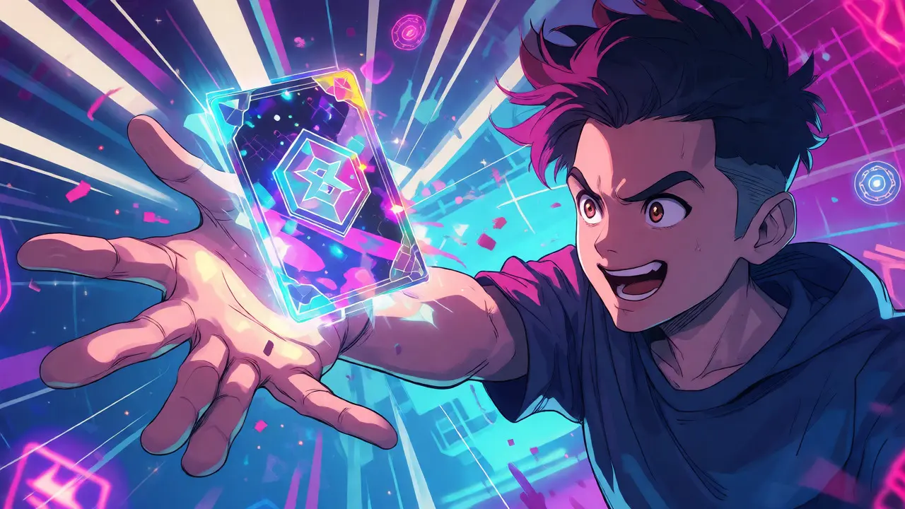 Anime character claiming a glowing Dream Card NFT airdrop amidst pixelated effects and blockchain symbols.