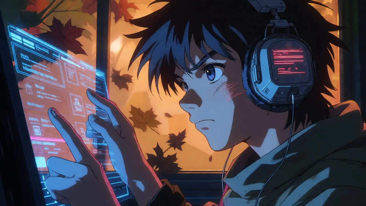 Anime protagonist viewing holographic crypto interfaces with autumn background