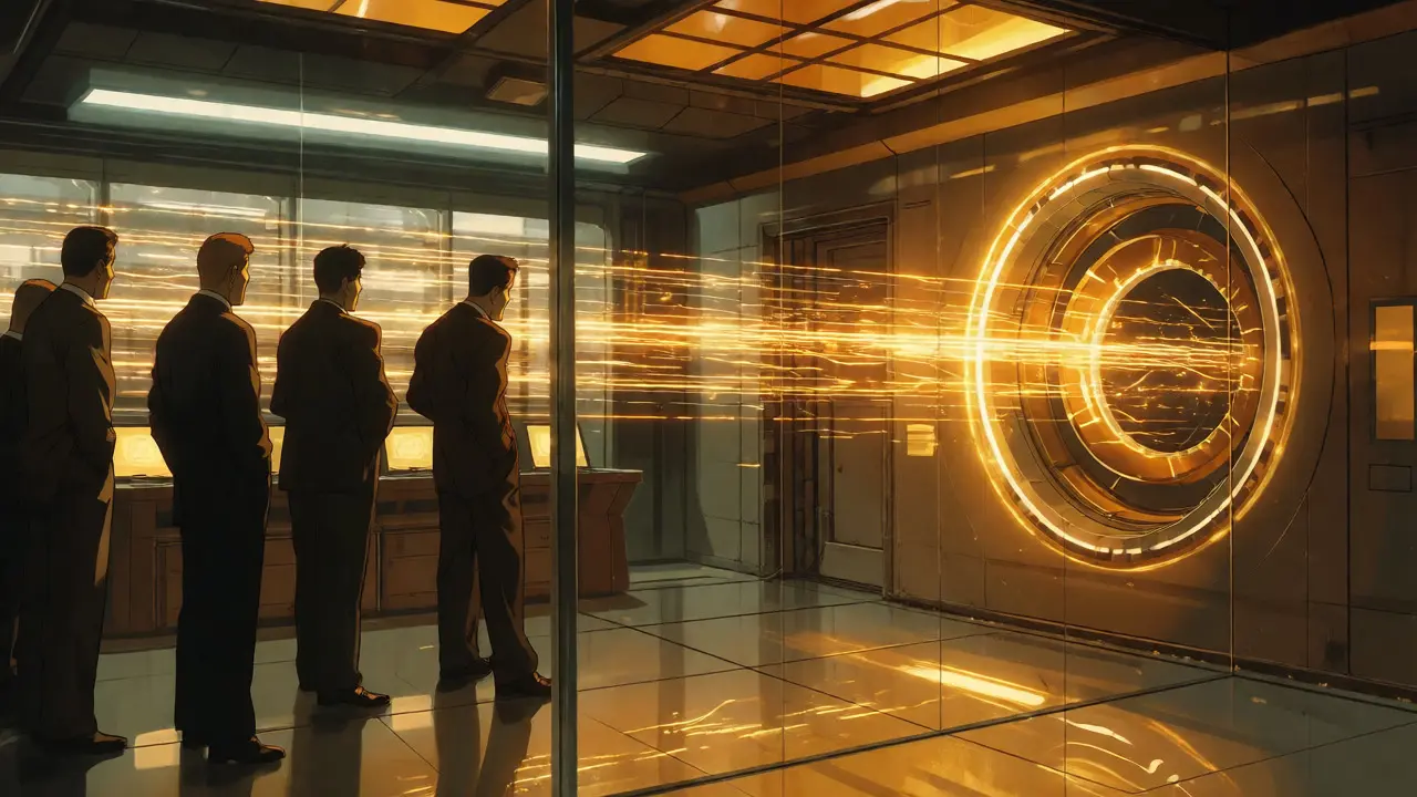 Business executives observing a fast, private blockchain data stream in a server room