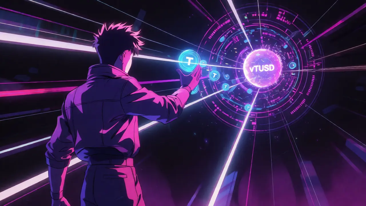 Character supplying digital orbs into a data vortex in retro anime aesthetic