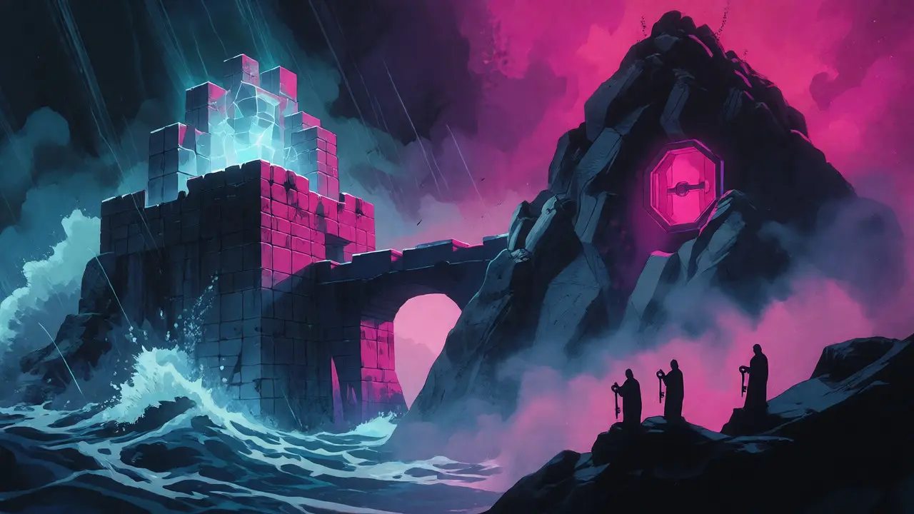 Contrasting public crystal fortress and private encrypted vault in anime style