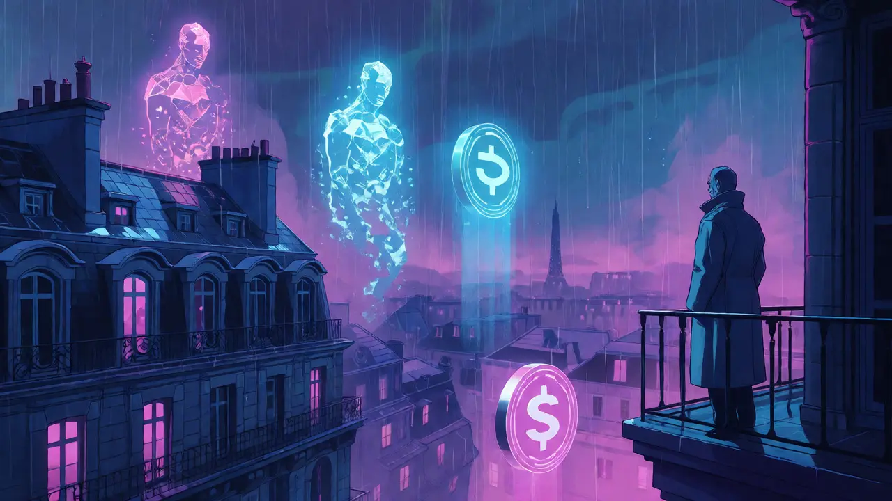 European stablecoins dissolving under MiCA regulations in anime style
