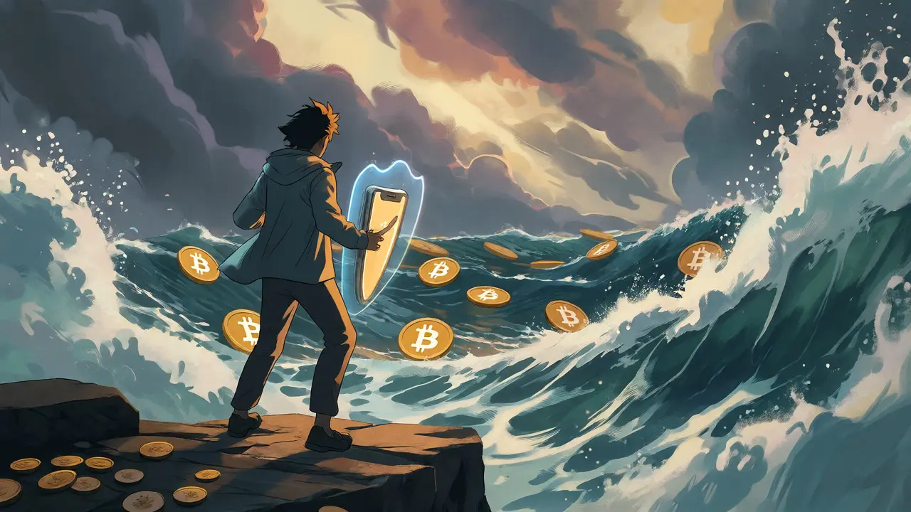 Figure facing crypto waves with a phone-shaped shield under a stormy sky.