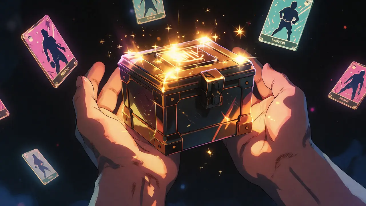 Hands opening a glowing mystery box surrounded by floating NFT football cards in space