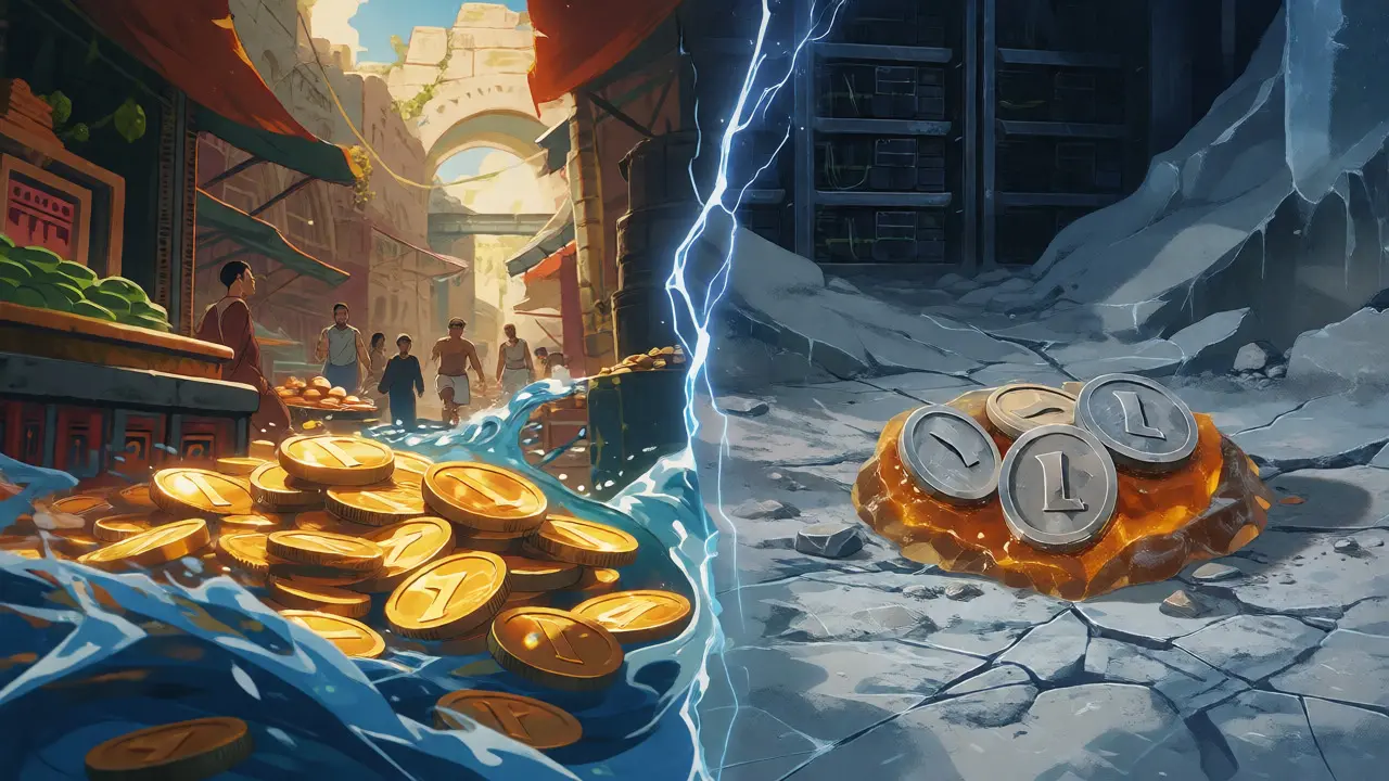 Split scene contrasting active liquid market with frozen deprecated tokens