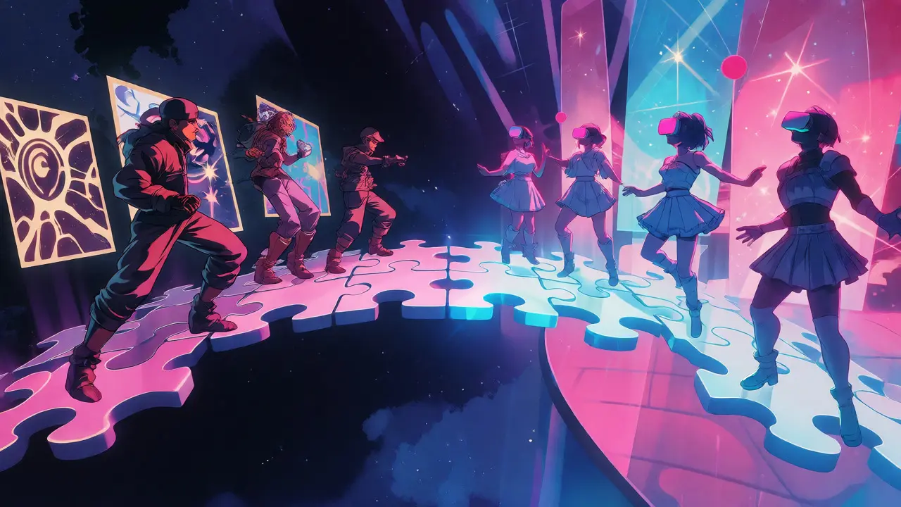 Split scene showing fantasy game characters and VR idols connected by a bridge of light in 90s anime style.