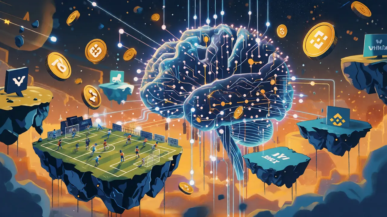 Stylized AI brain connecting web3 islands with fast-paced mini soccer fields and gold tokens