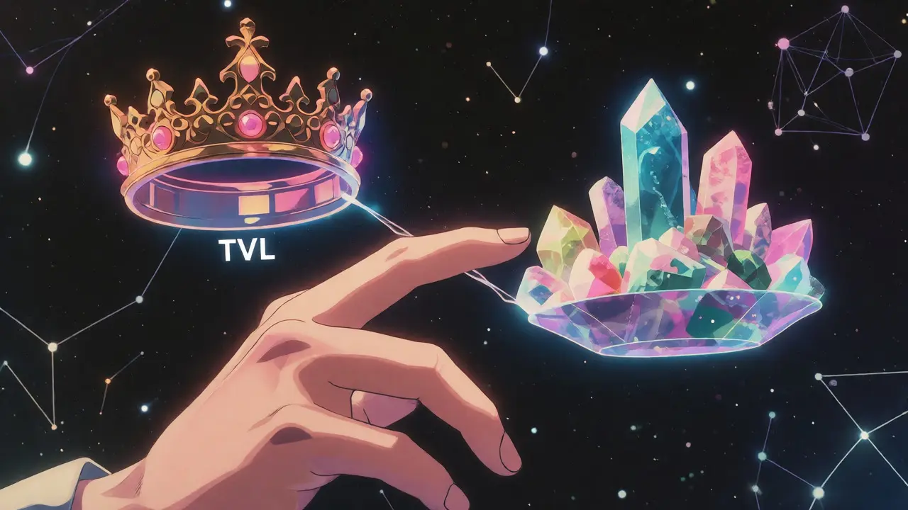 Surreal anime balance scale weighing market cap against locked value