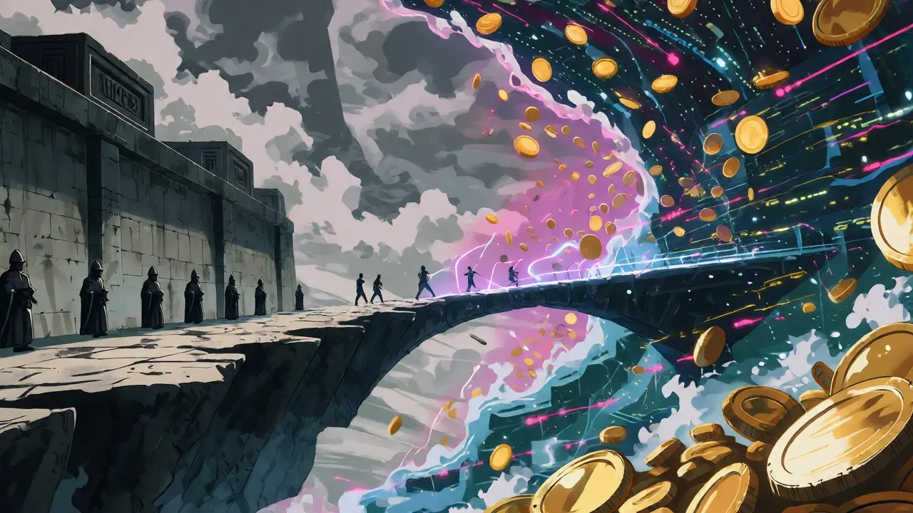 Surreal landscape contrasting military authority with flowing digital currency