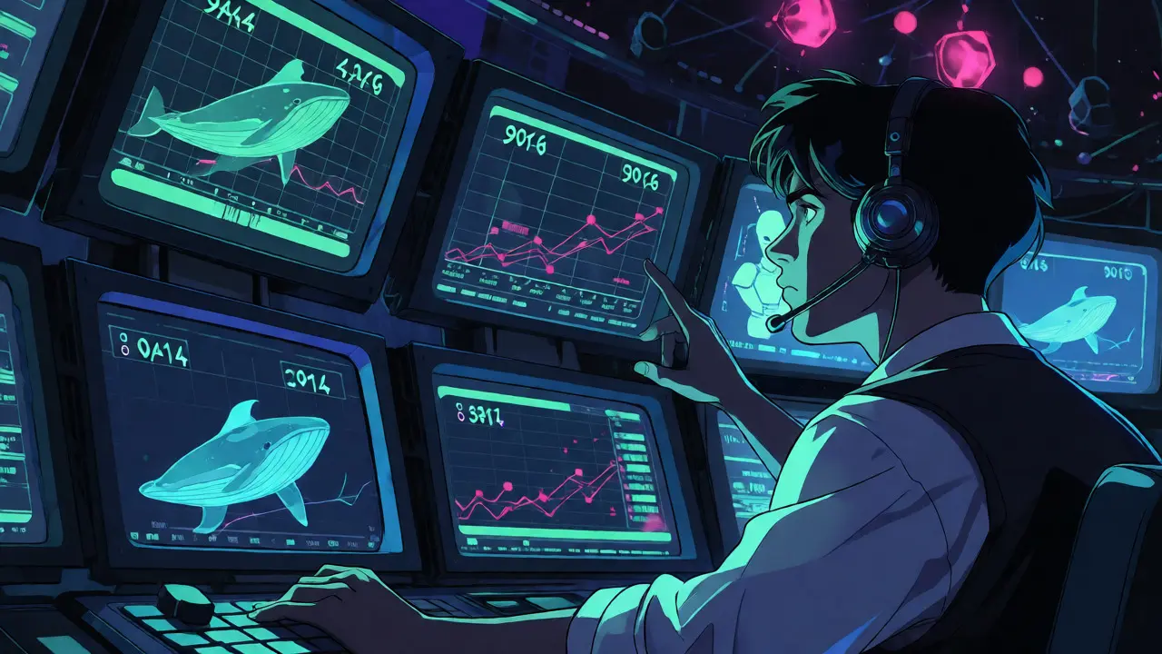 Trader analyzing whale data on retro monitors in a sci-fi command center.