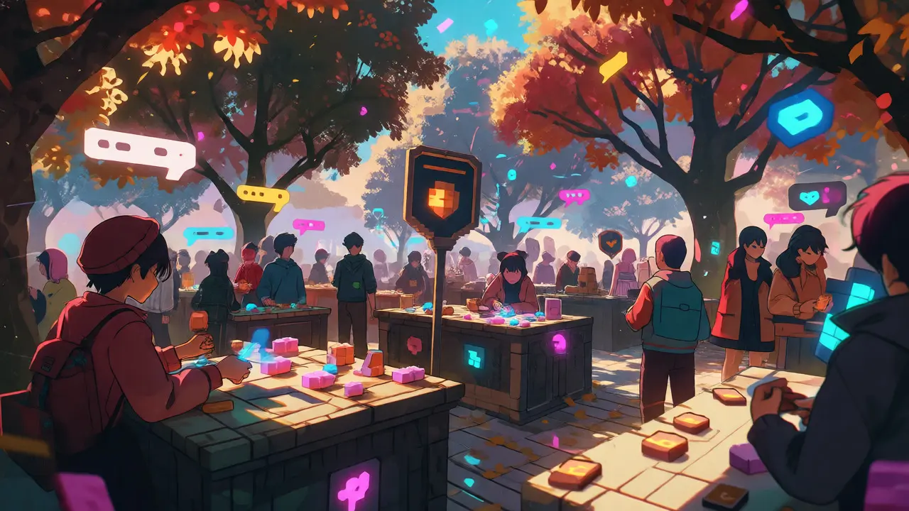 Virtual marketplace scene with anime avatars trading in a digital forest