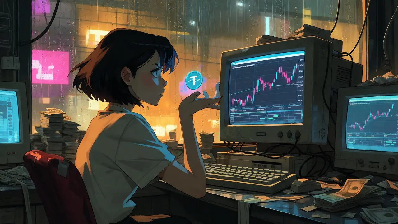 Woman monitoring crypto charts in a dim room with glowing digital tokens